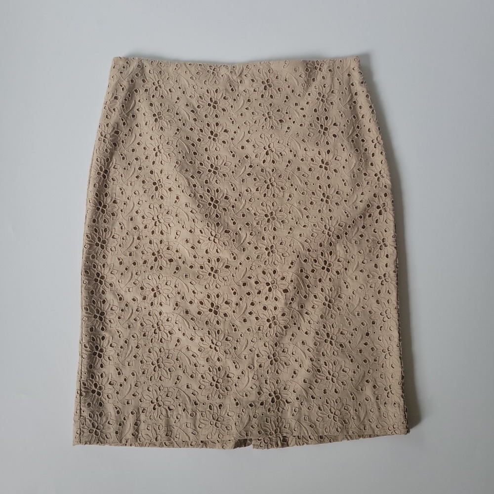 Talbots Embroidered Eyelet Pencil Skirt 6 Tan Cottagecore Monochromatic Preppy‎